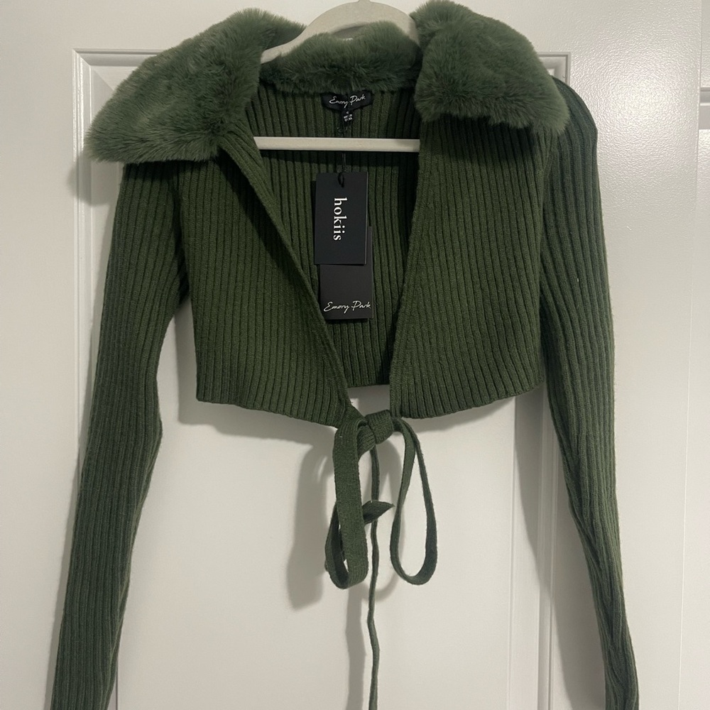 Hokiis Olive Ribbed Cardigan with Faux Fur Collar